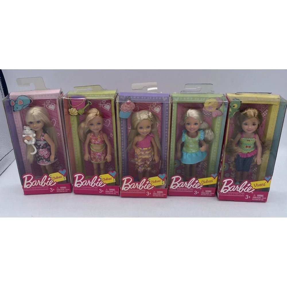 NIB BARBIE DOLL KELLY‎ CHELSEA 2010 HOLDING CAT, Cupcake, Chameleon Lot Of 5